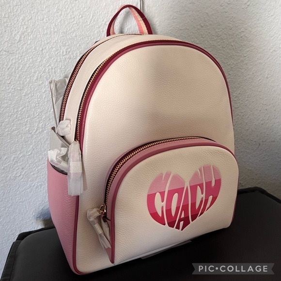 NWT COACH COURT LEATHER BACKPACK WITH STRIPE‎ HEART MOTIF GOLD/CHALK MULTI - Picture 11 of 11